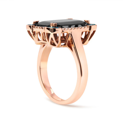 14K Rose Gold 15x10 MM Emerald-Cut Black Onyx and 1/5 Cttw Blue and White Diamond Halo Cocktail Ring (G-H Color, SI1-SI2 Clarity)- Size 7 Bids.com