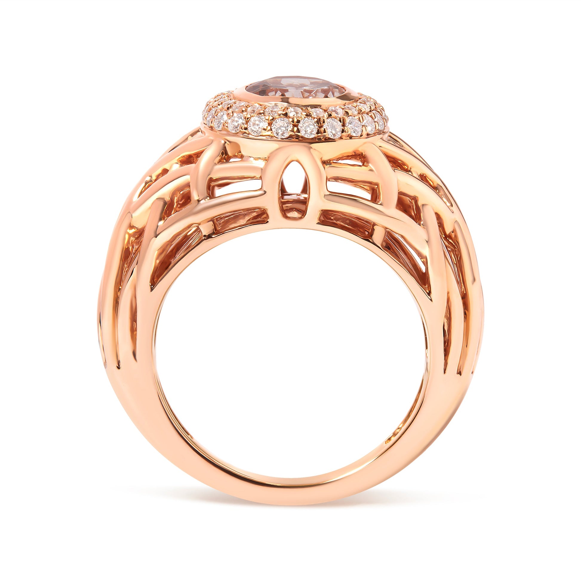 14K Rose Gold Oval Cut Light Pink Morganite and 3/8 Cttw Diamonds Halo and Basket Weave Cocktail Ring (G-H Color, SI1-SI2 Clarity) - Size 7 Bids.com