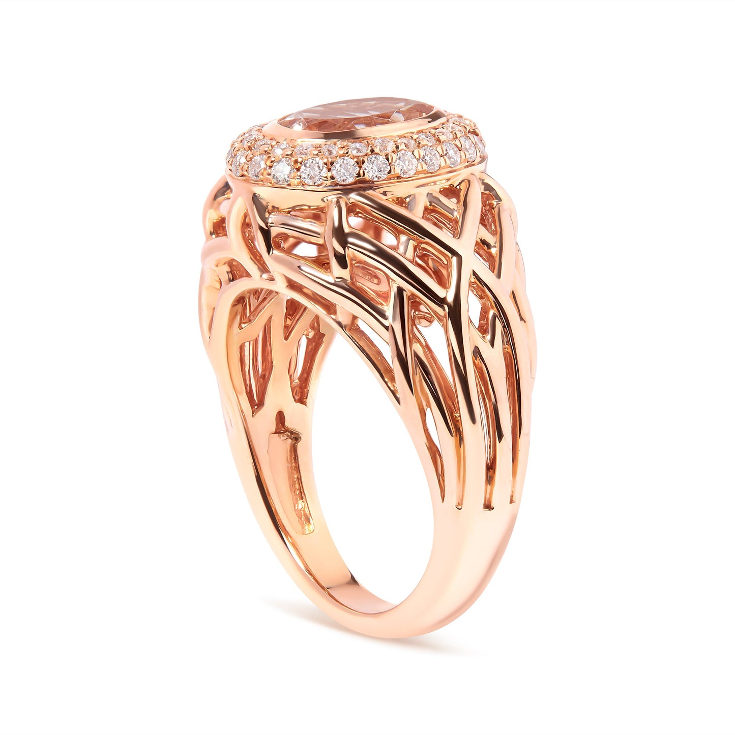 14K Rose Gold Oval Cut Light Pink Morganite and 3/8 Cttw Diamonds Halo and Basket Weave Cocktail Ring (G-H Color, SI1-SI2 Clarity) - Size 7 Bids.com