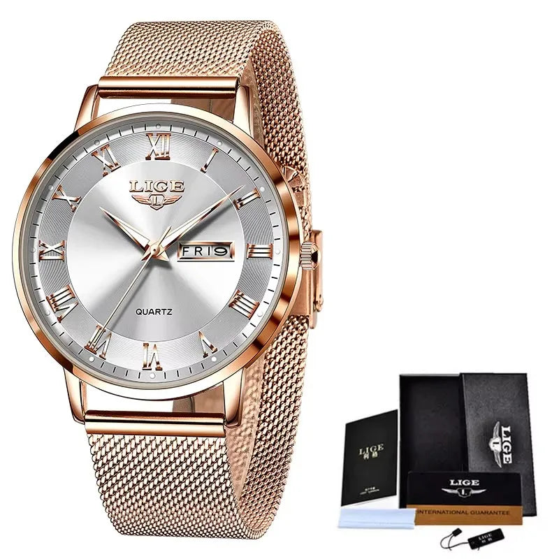 Women's Rose Gold Mesh Watch Silver Dial Slim Waterproof BandsCo Straps