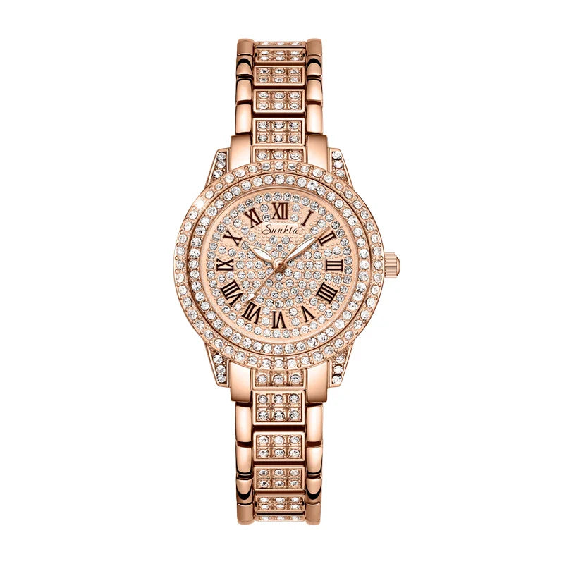 Women's Rose Gold Crystal Bracelet Watch Quartz Luxury BandsCo Straps