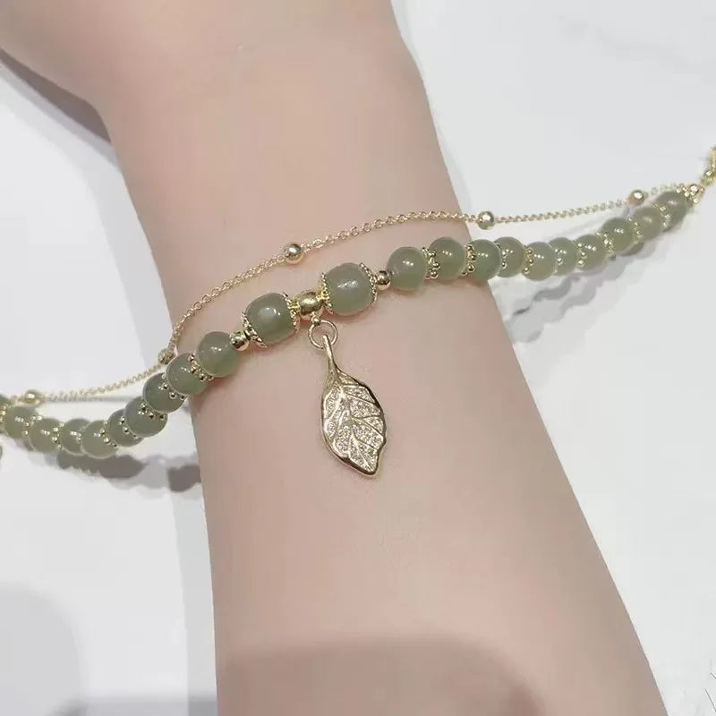 Women's Green Jade Beaded Bracelet with Gold Leaf Charm | Fashion Chain & Link Bracelet wws
