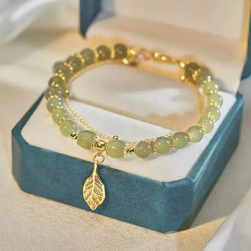 Women's Green Jade Beaded Bracelet with Gold Leaf Charm | Fashion Chain & Link Bracelet wws