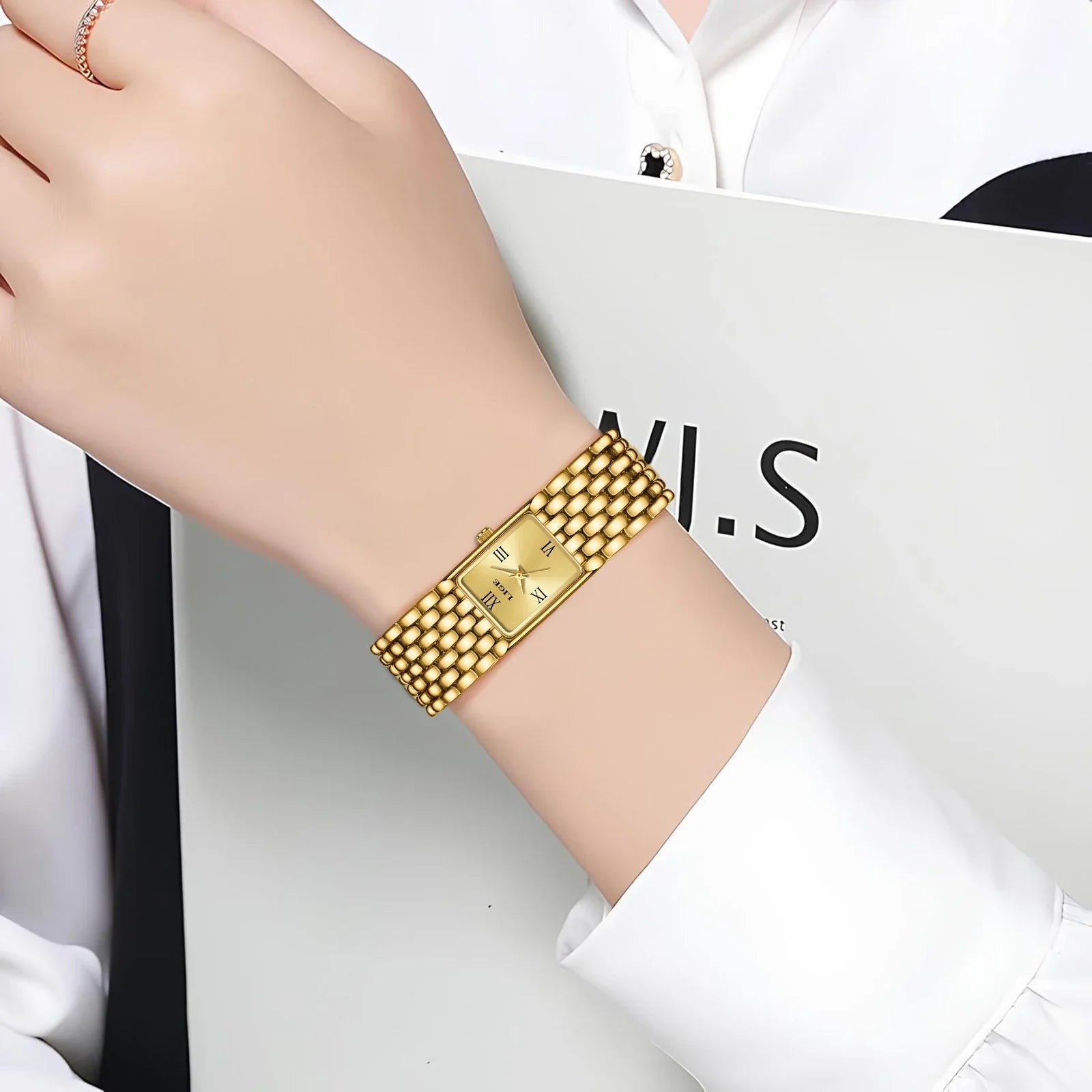 Women's Gold Rectangular Watch Stainless Steel Bracelet BandsCo Straps