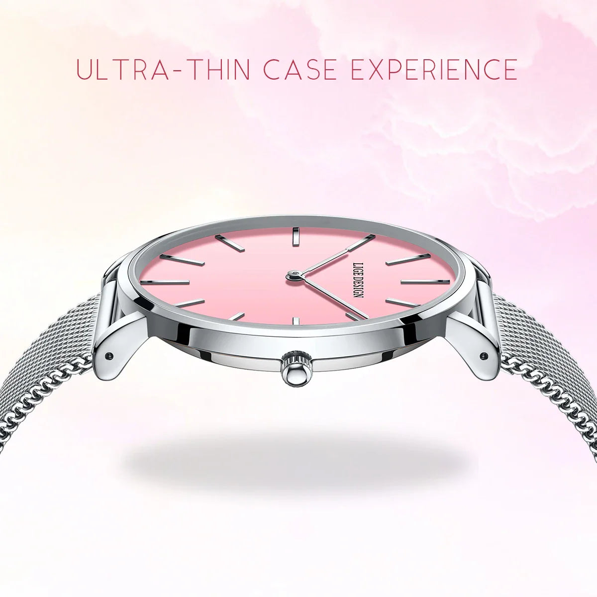 Women's Pink Dial Mesh Band Slim Stainless Steel Watch BandsCo Straps