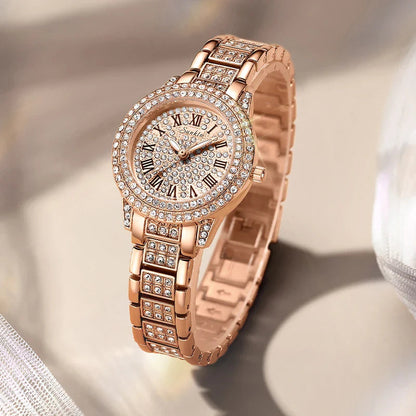Women's Rose Gold Crystal Bracelet Watch Quartz Luxury BandsCo Straps