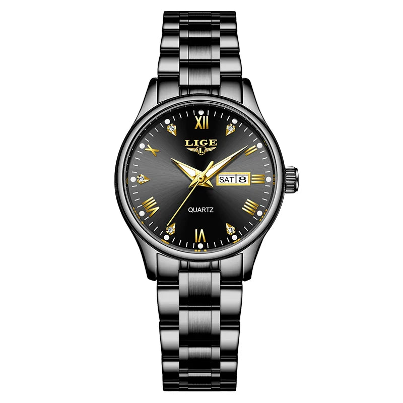 Women's Black Stainless Steel Diamond Dial Quartz Watch BandsCo Straps