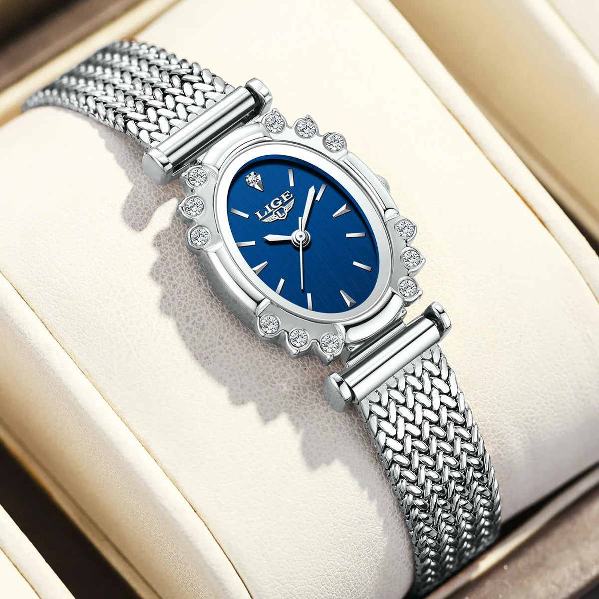Women's Oval Quartz Watch Vintage Mesh Bracelet Blue Dial BandsCo Straps