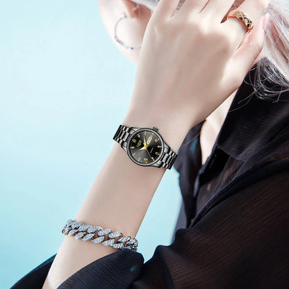 Women's Black Stainless Steel Diamond Dial Quartz Watch BandsCo Straps