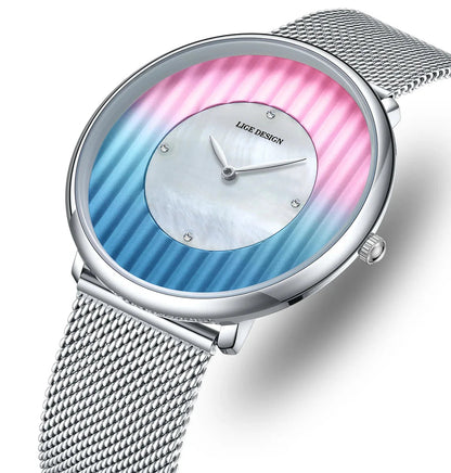 Women's Slim Mesh Band Watch Pink Blue Gradient Quartz BandsCo Straps