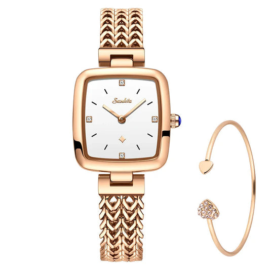 Women's Square Stainless Steel Slim Quartz Watch Bracelet BandsCo Straps