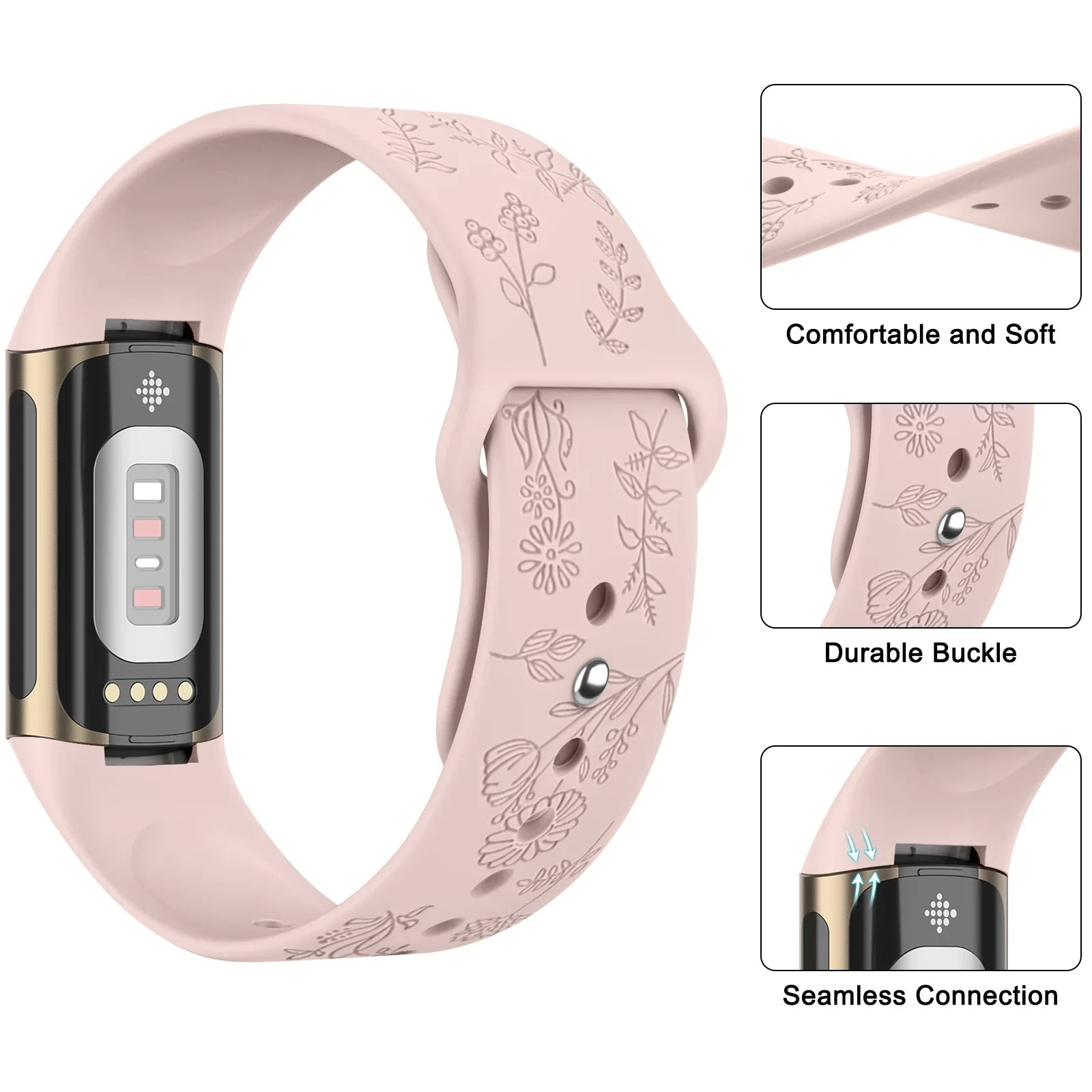 Fitbit Charge 5 6 Silicone Flower Engraved Soft Strap BandsCo Straps
