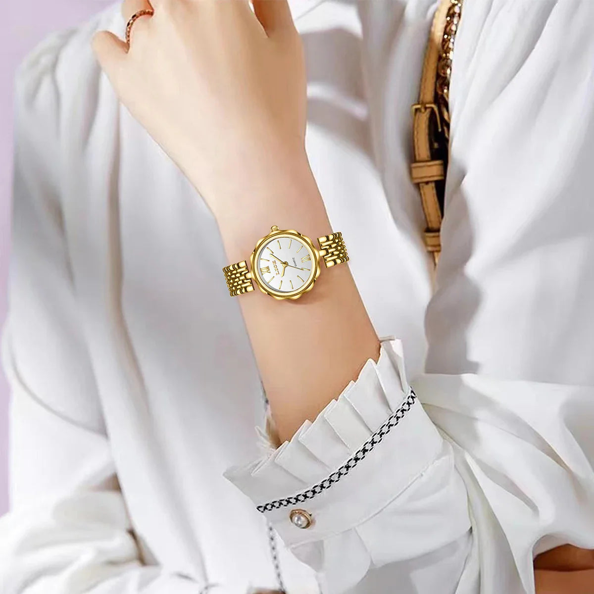 Women's Gold Alloy Bracelet Watch 28mm Roman Dial Quartz BandsCo Straps