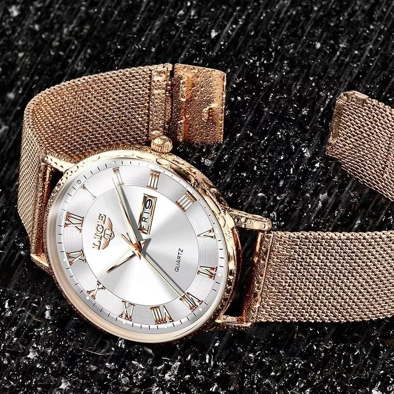 Women's Rose Gold Mesh Watch Silver Dial Slim Waterproof BandsCo Straps