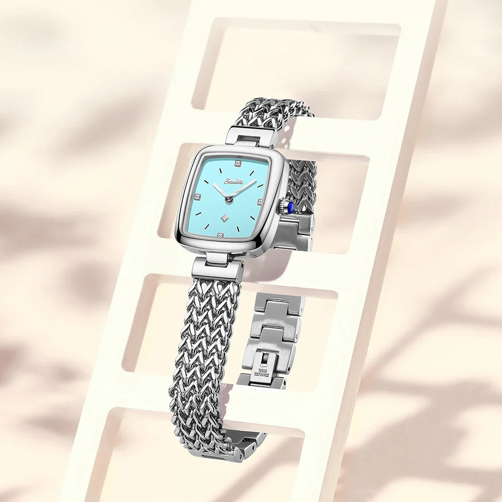 Women's Square Stainless Steel Slim Quartz Watch Bracelet BandsCo Straps