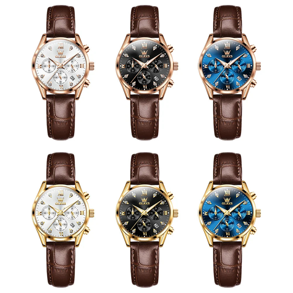 Women's Leather Strap Quartz Waterproof Luminous Watch BandsCo Straps