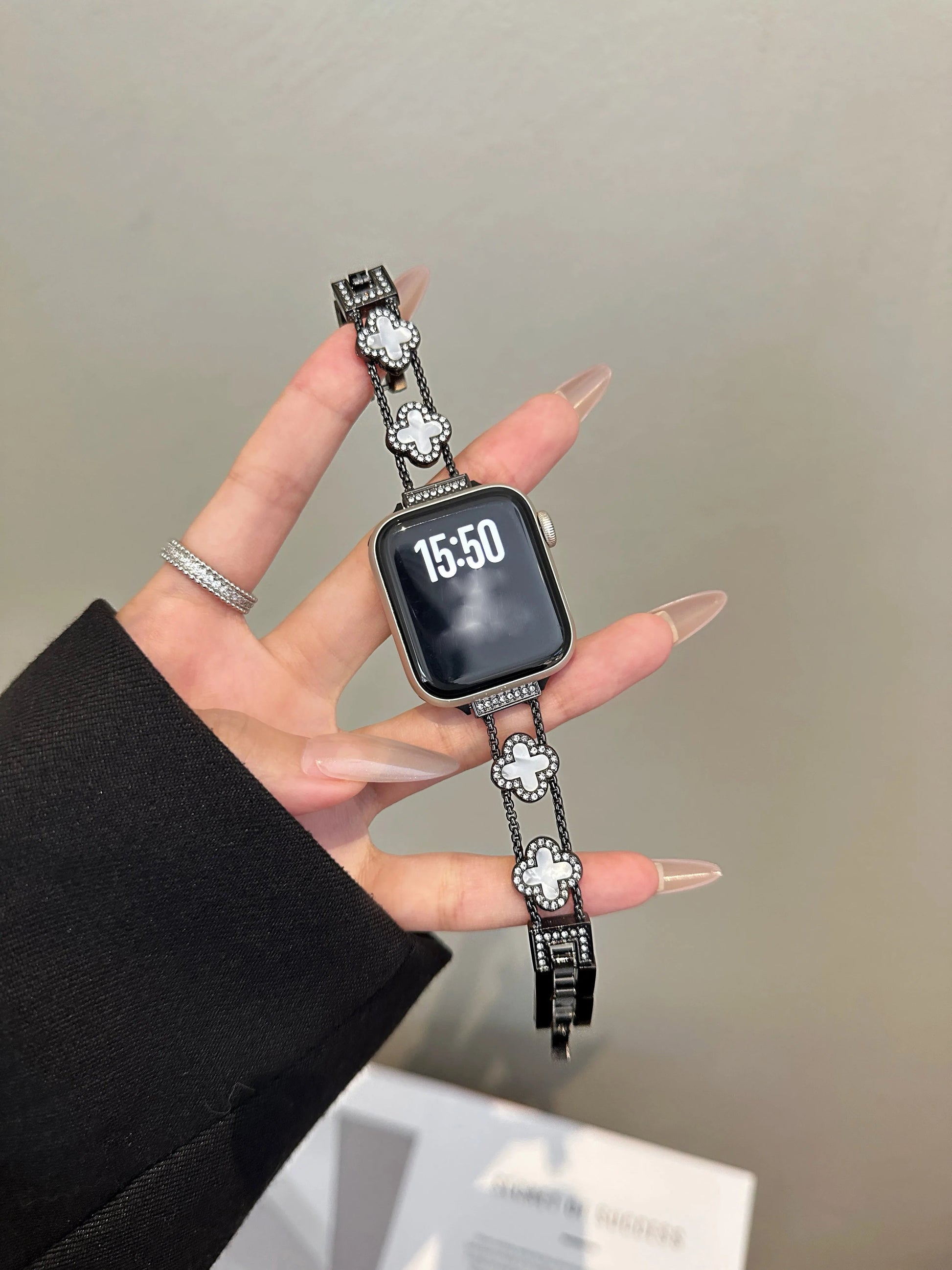 Lucky Clover Crystal Bracelet for Apple Watch - Silver & Black Enamel Chain Strap Wristwatchstraps.co