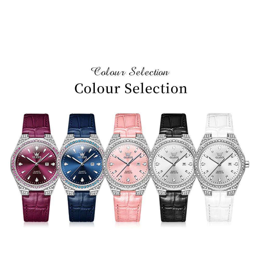Women's Crystal Bezel White Leather Strap Watch Quartz Date BandsCo Straps