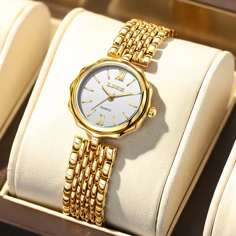 Women's Gold Alloy Bracelet Watch 28mm Roman Dial Quartz BandsCo Straps