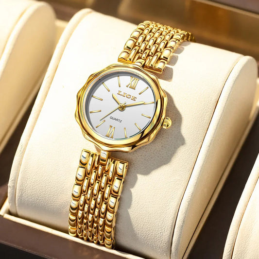 Women's Gold Alloy Bracelet Watch 28mm Roman Dial Quartz BandsCo Straps