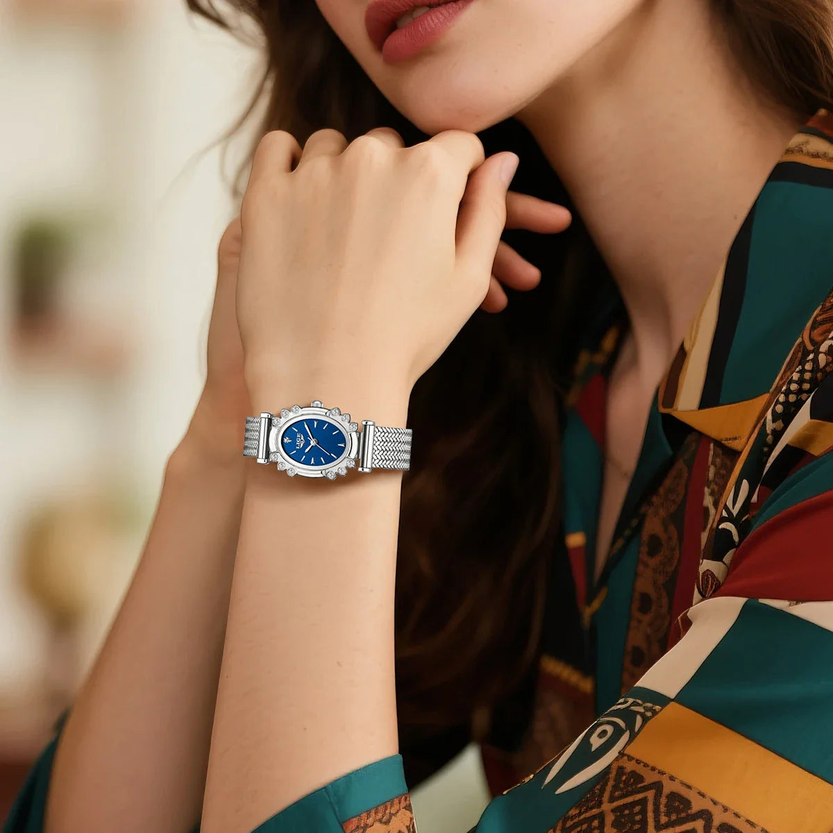 Women's Oval Quartz Watch Vintage Mesh Bracelet Blue Dial BandsCo Straps