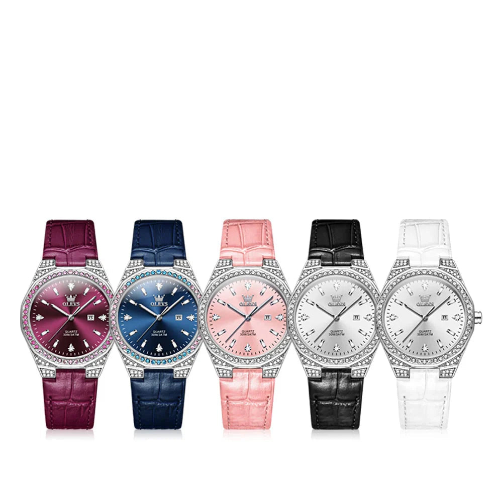 Women's Leather Strap Crystal Bezel Watch Rose Gold Luxury BandsCo Straps
