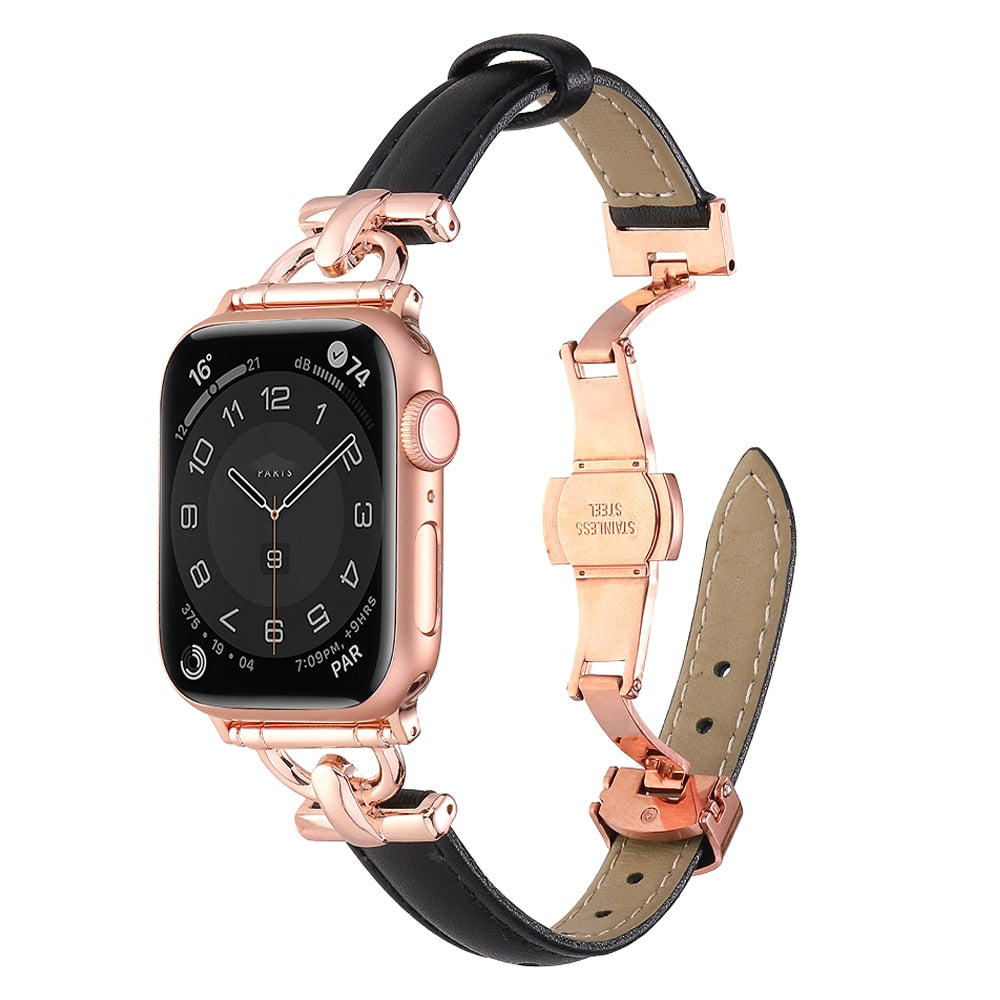 Leather Strap with Butterfly Clasp Band for Apple Watch - Wristwatchstraps.co