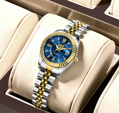 Women's Two Tone Stainless Steel Date Watch Elegant Quartz BandsCo Straps
