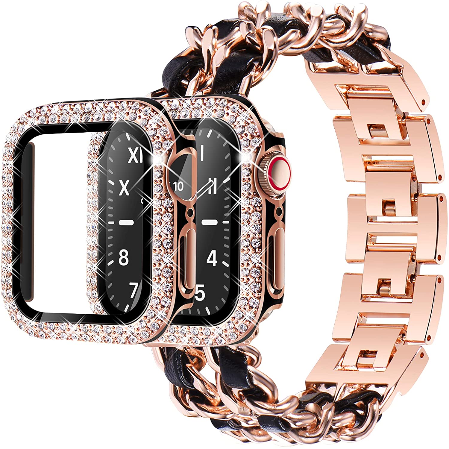 Luxury Link Chain with Leather strap and Case for Apple Watch