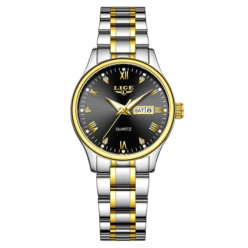 Women's Black Stainless Steel Diamond Dial Quartz Watch BandsCo Straps