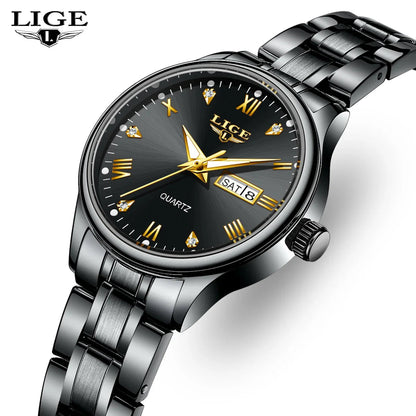 Women's Black Stainless Steel Diamond Dial Quartz Watch BandsCo Straps