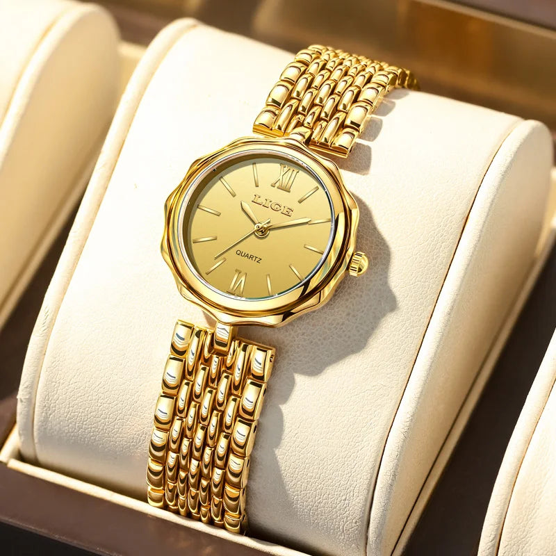 Women's Gold Alloy Bracelet Watch 28mm Roman Dial Quartz BandsCo Straps