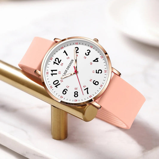 Women's Pink Silicone Watch Large Dial Rose Gold Minimal BandsCo Straps