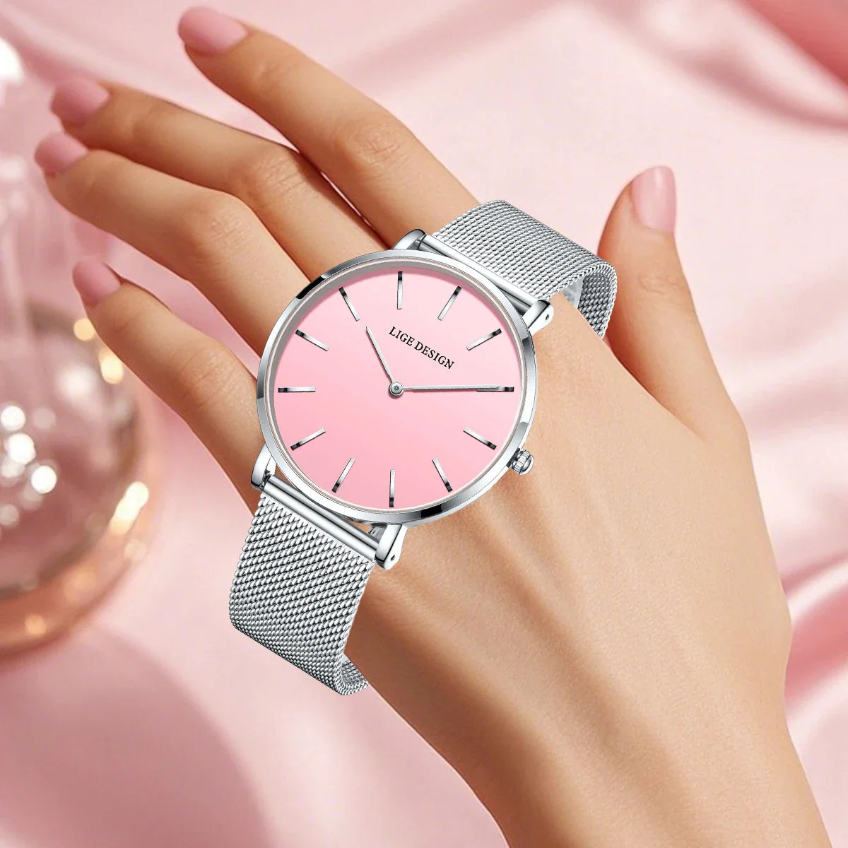 Women's Pink Dial Mesh Band Slim Stainless Steel Watch BandsCo Straps