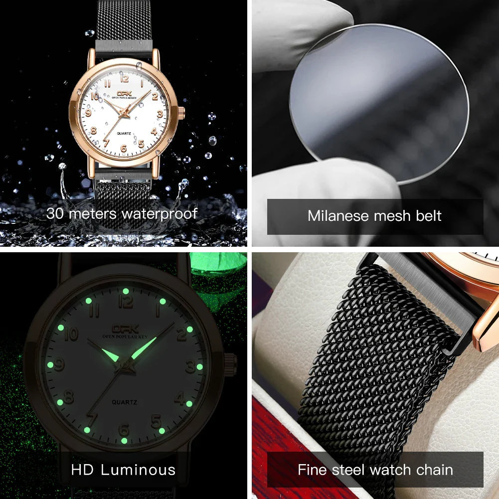 Women's Rose Gold Mesh Quartz Watch Slim Luminous Waterproof BandsCo Straps