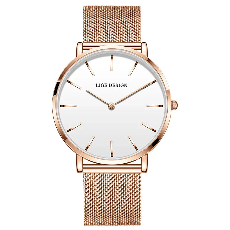 Women's Pink Dial Mesh Band Slim Stainless Steel Watch BandsCo Straps