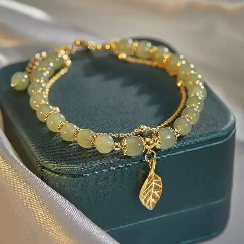 Women's Green Jade Beaded Bracelet with Gold Leaf Charm | Fashion Chain & Link Bracelet wws