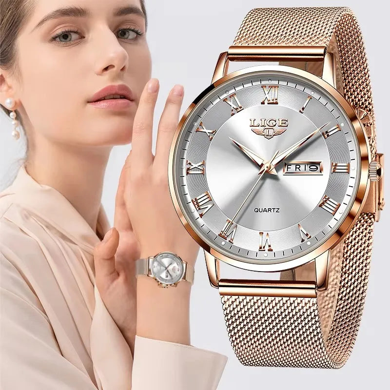 Women's Rose Gold Mesh Watch Silver Dial Slim Waterproof BandsCo Straps