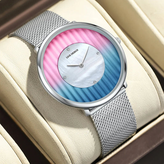 Women's Slim Mesh Band Watch Pink Blue Gradient Quartz BandsCo Straps