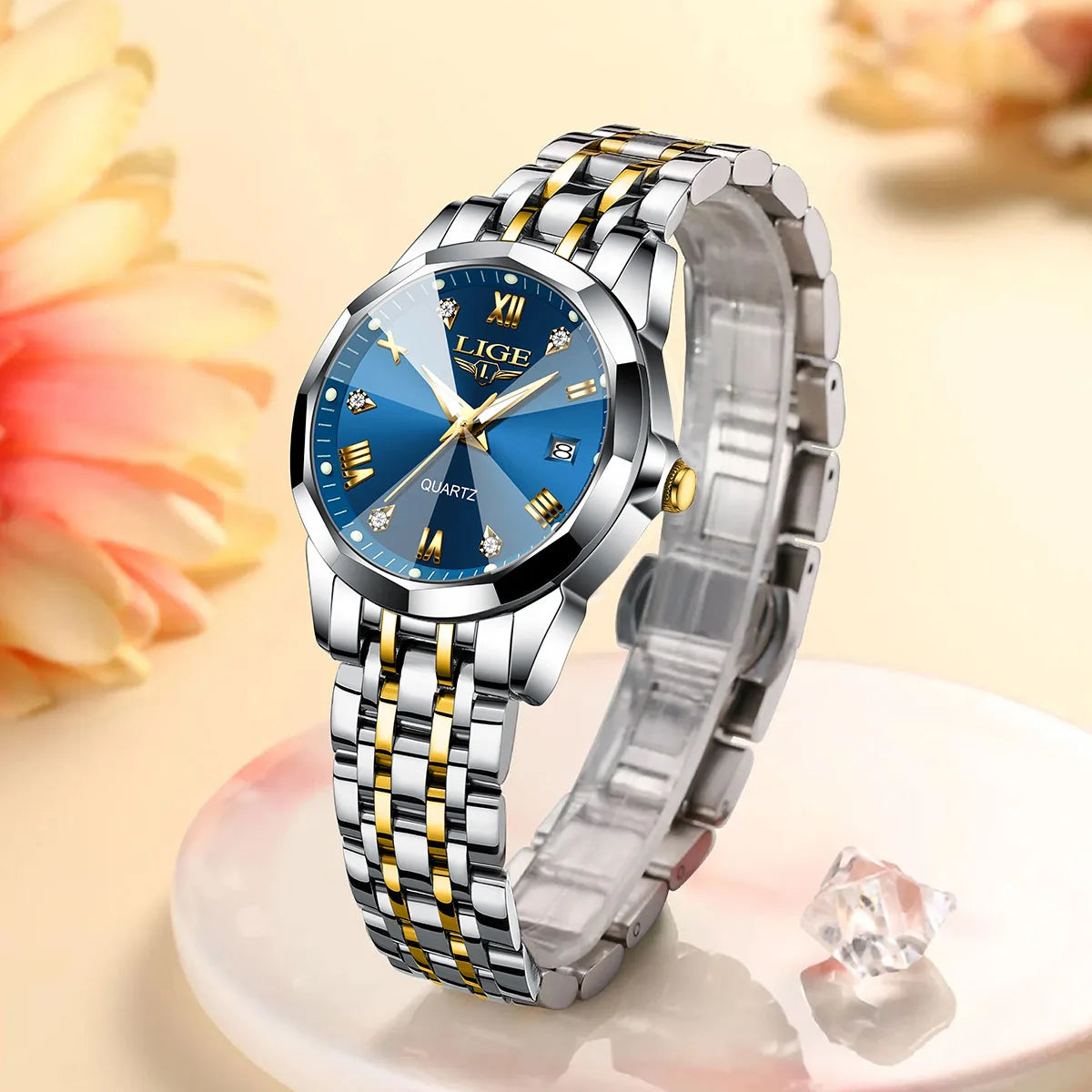 Women's Blue Sunburst Dial Two Tone Stainless Watch BandsCo Straps