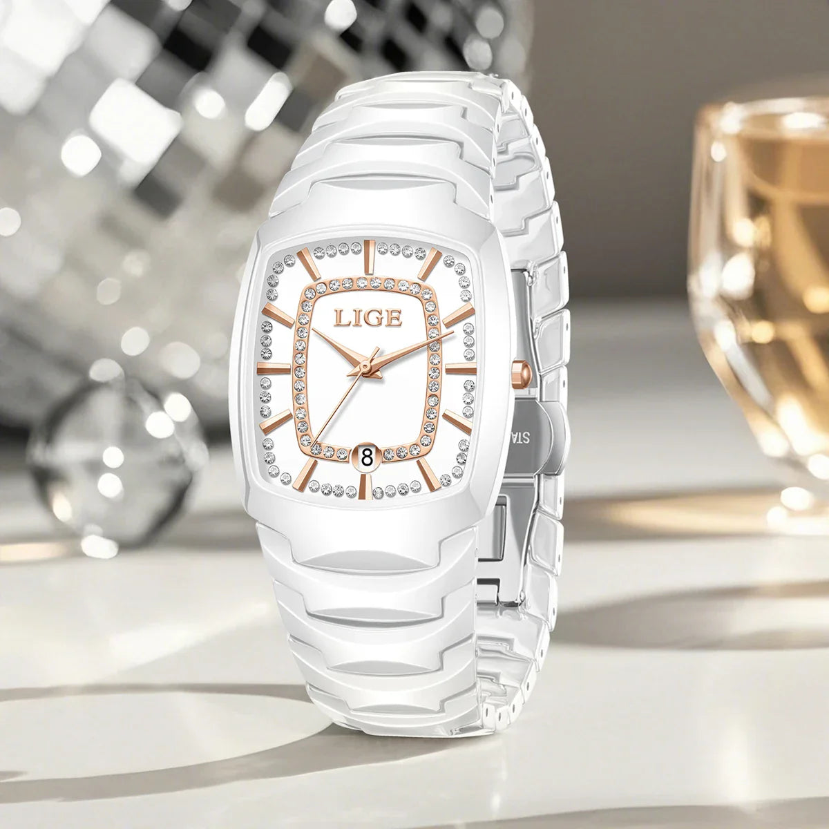 Women's White Ceramic Crystal Bracelet Watch Quartz Gift BandsCo Straps