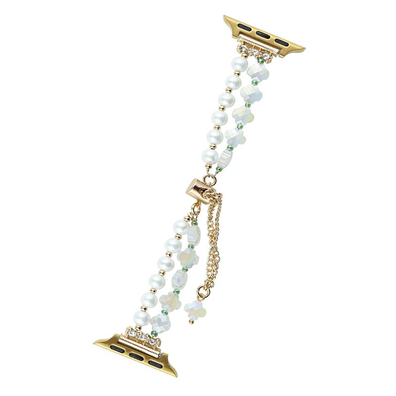 Women Elegance Pearl Gemstones Leather Strap For Apple Watch 41mm