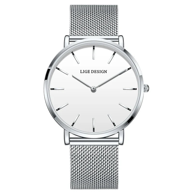 Women's Pink Dial Mesh Band Slim Stainless Steel Watch BandsCo Straps