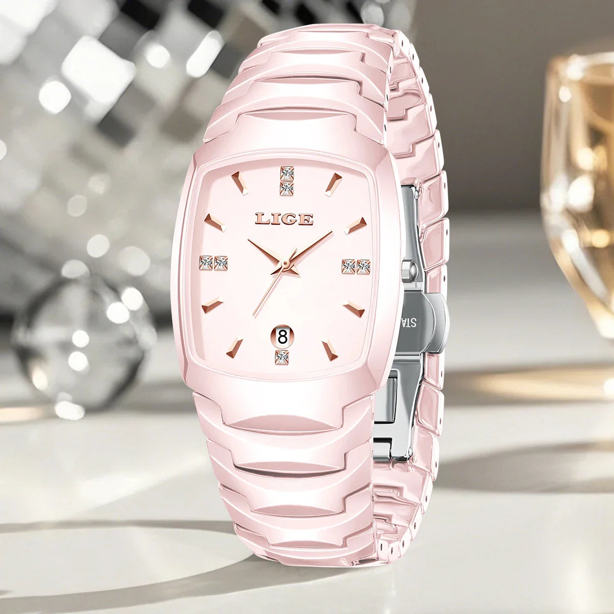 Women's Rose Gold Stainless Steel Luminous Date Slim Watch BandsCo Straps