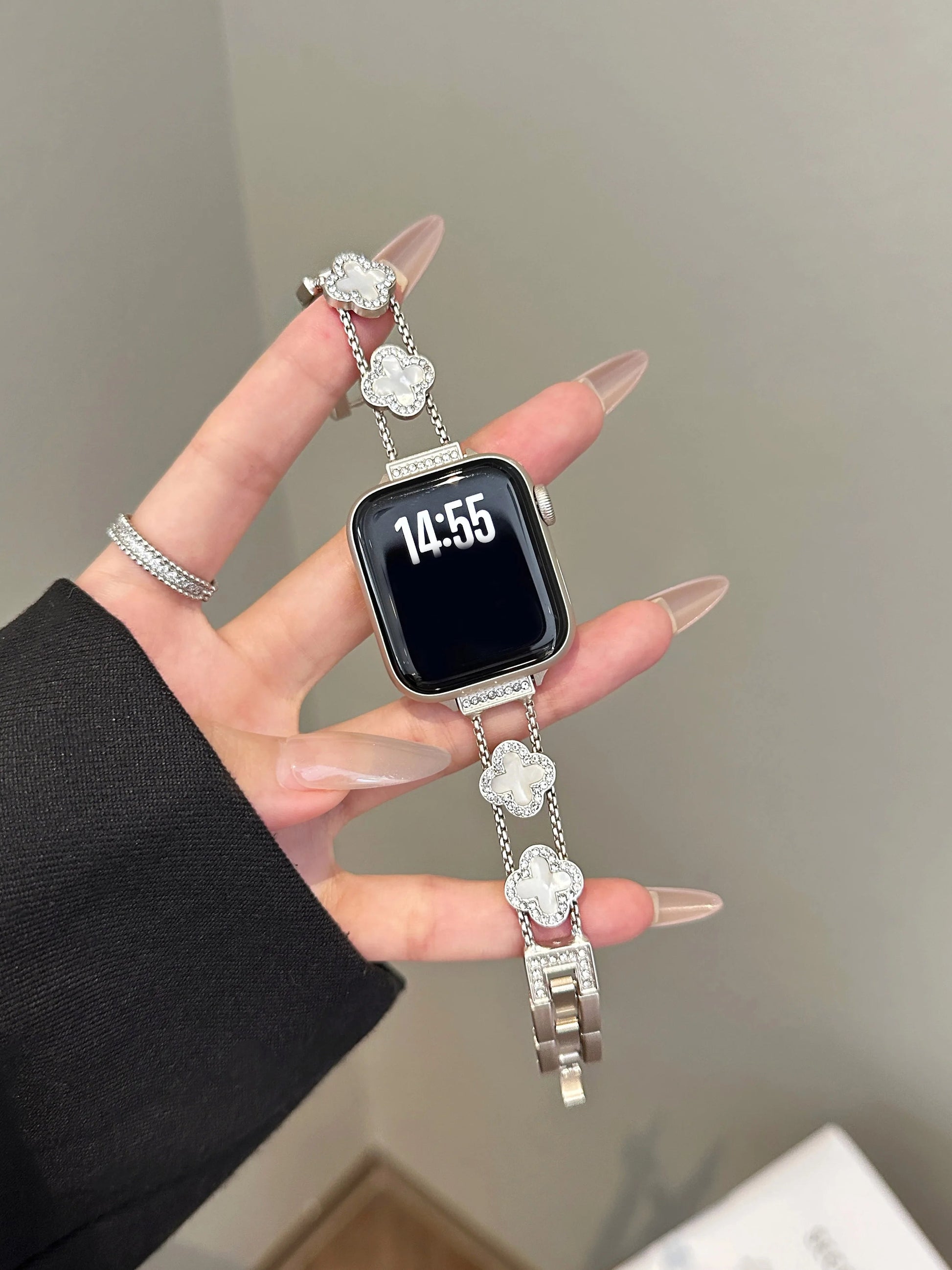 Lucky Clover Crystal Bracelet for Apple Watch - Silver & Black Enamel Chain Strap Wristwatchstraps.co