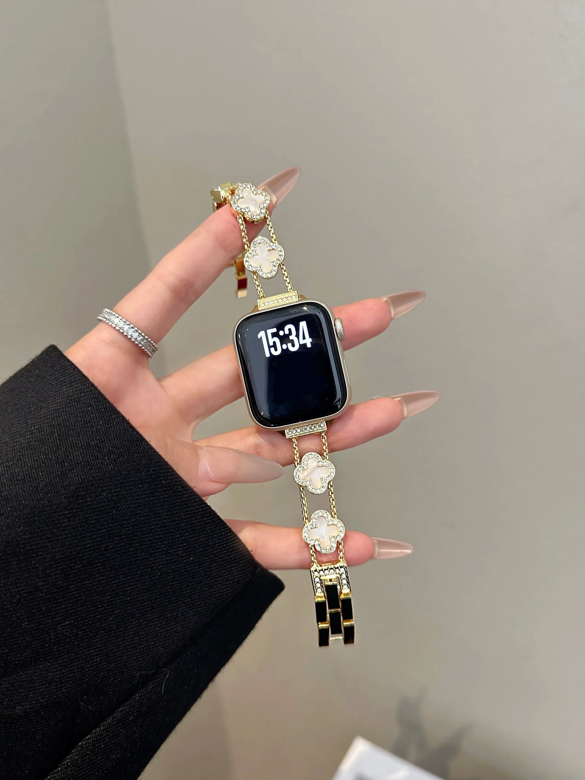 Lucky Clover Crystal Bracelet for Apple Watch - Silver & Black Enamel Chain Strap Wristwatchstraps.co