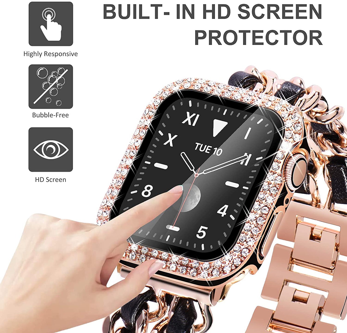 Luxury Cowboy Chain with Leather + Bling Sparkle Protective Case Screen Protector for Apple Watch - Wristwatchstraps.co