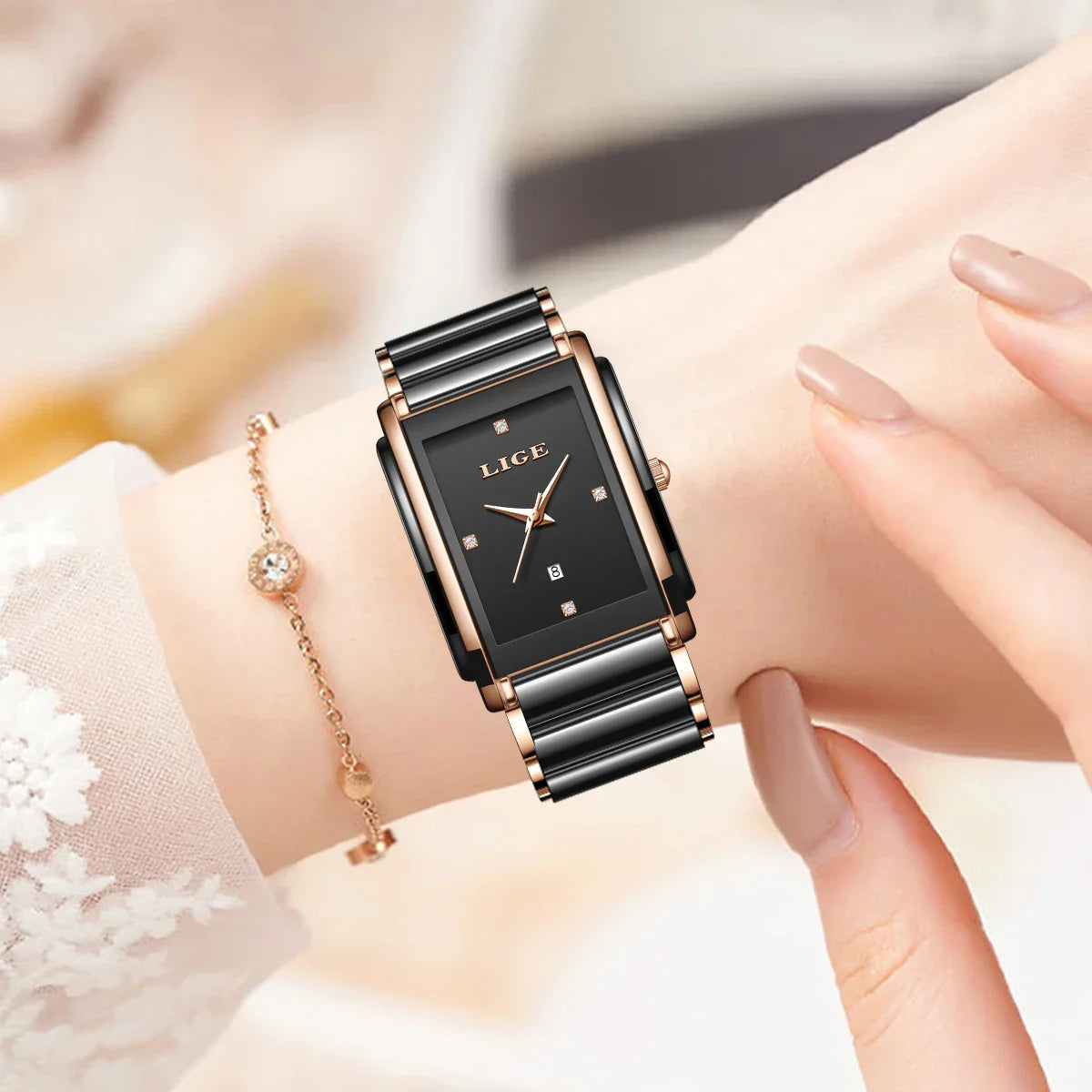 Women's Ceramic Square Bracelet Watch Rose Gold Quartz BandsCo Straps