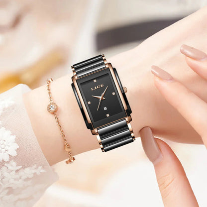 Women's Ceramic Square Bracelet Watch Rose Gold Quartz BandsCo Straps