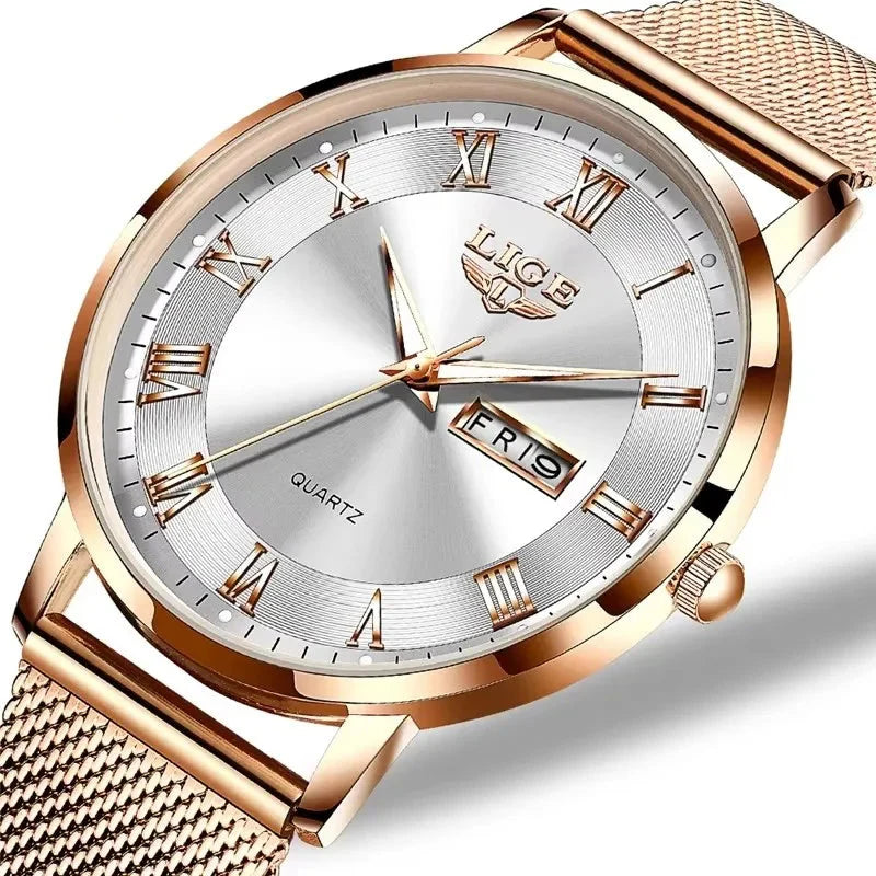 Women's Rose Gold Mesh Watch Silver Dial Slim Waterproof BandsCo Straps